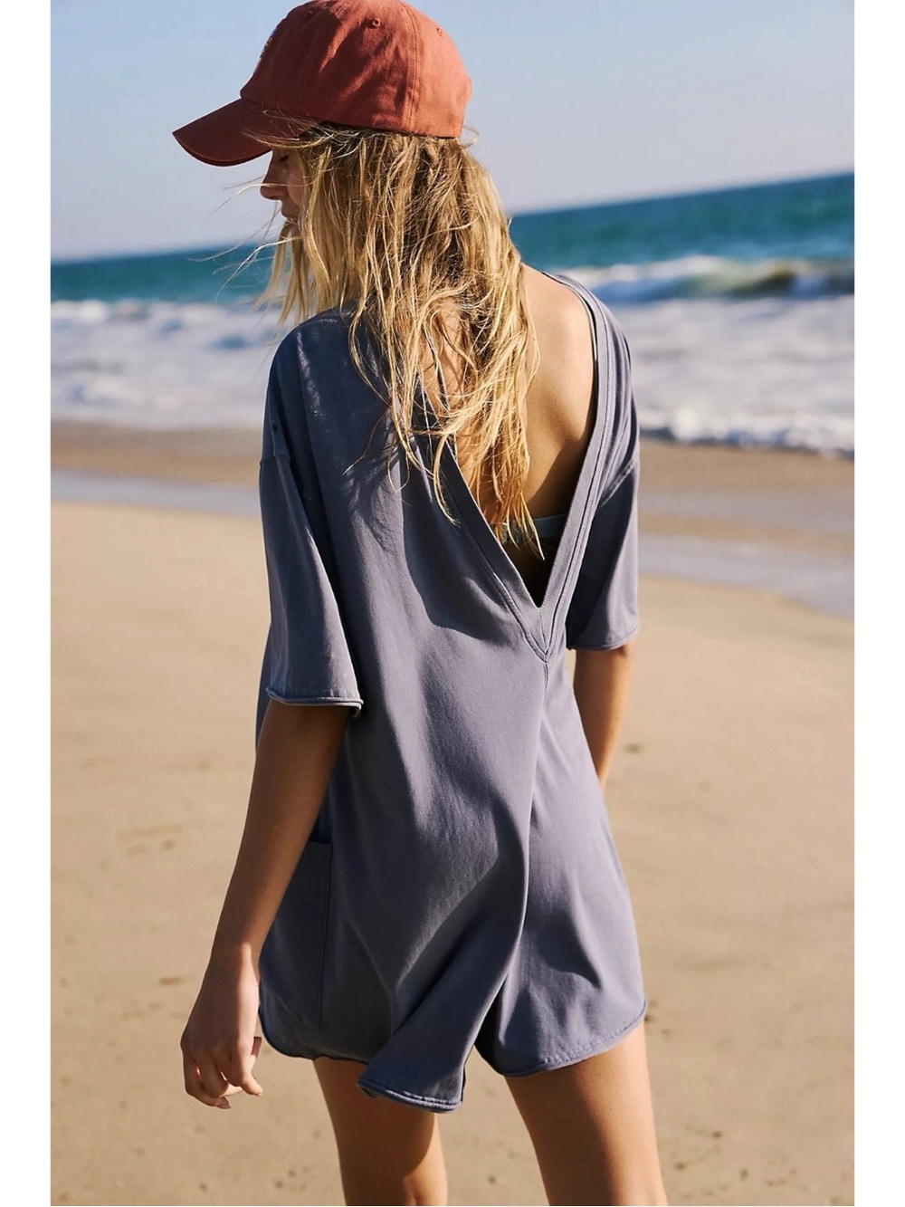 Free People Oversized Bohemian Hot Shot Tee Romper in Blue Indigo XL NWT Logo - Picture 4 of 10